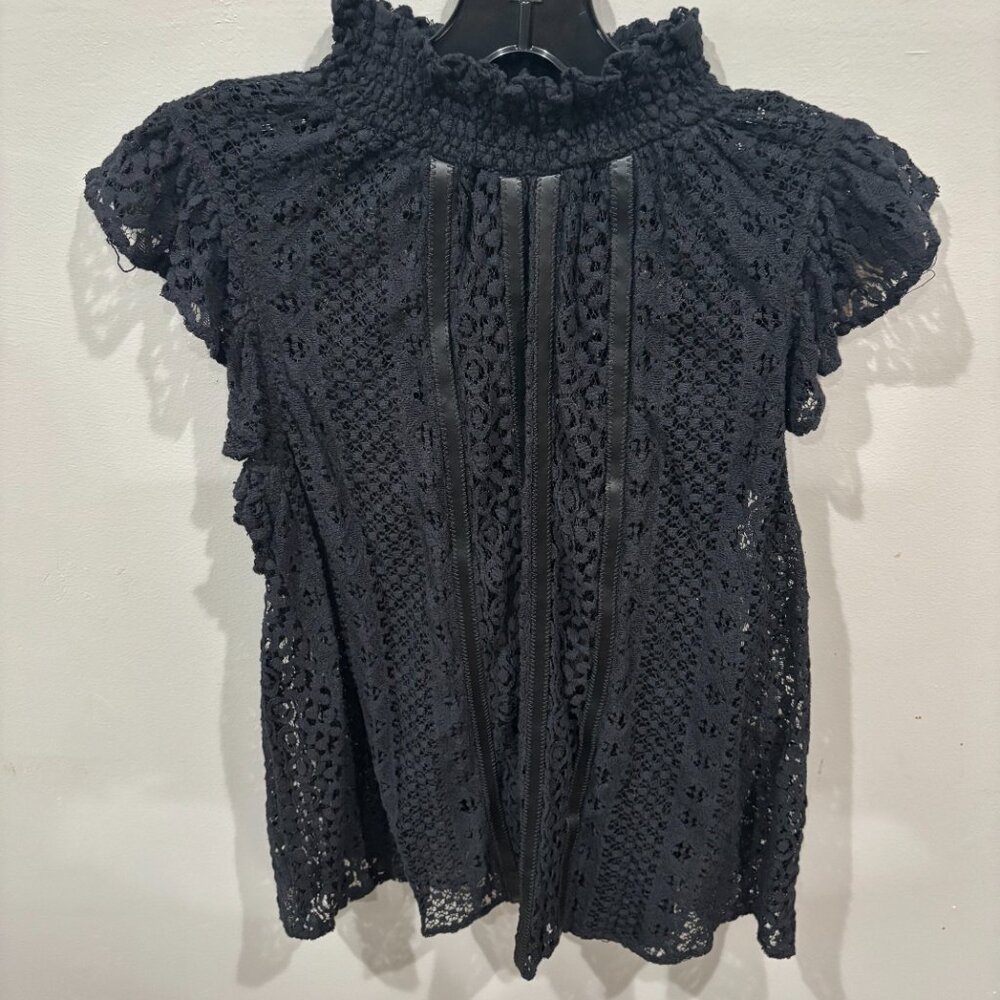 Express Women Black Lace w Faux Leather detail / Mock Neck Flutter Sleeve SZ: L